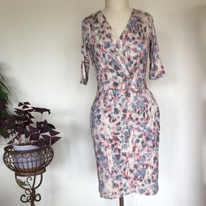 Weston Wear faux wrap print knit dress, 3/4 length sleeves, S